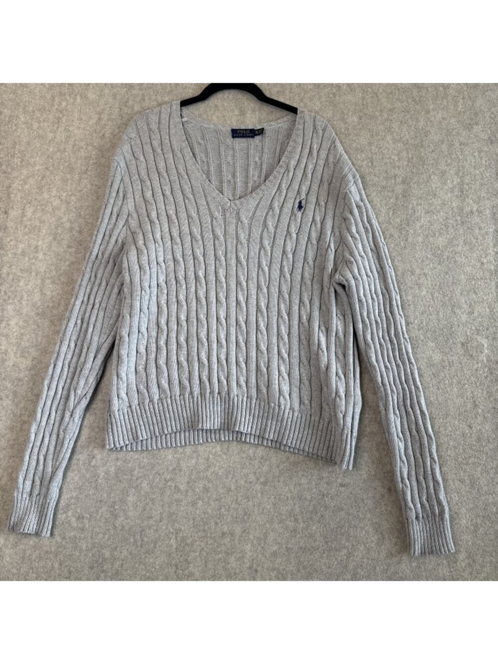 Polo Ralph Lauren Cable Knit V Neck Sweater Womens XL Gray Cotton Preppy
